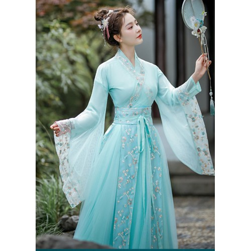Women Turquoise Chinese Hanfu fairy princess dress China Ancient costume classical fan umbrella dance performance costume kimono robes